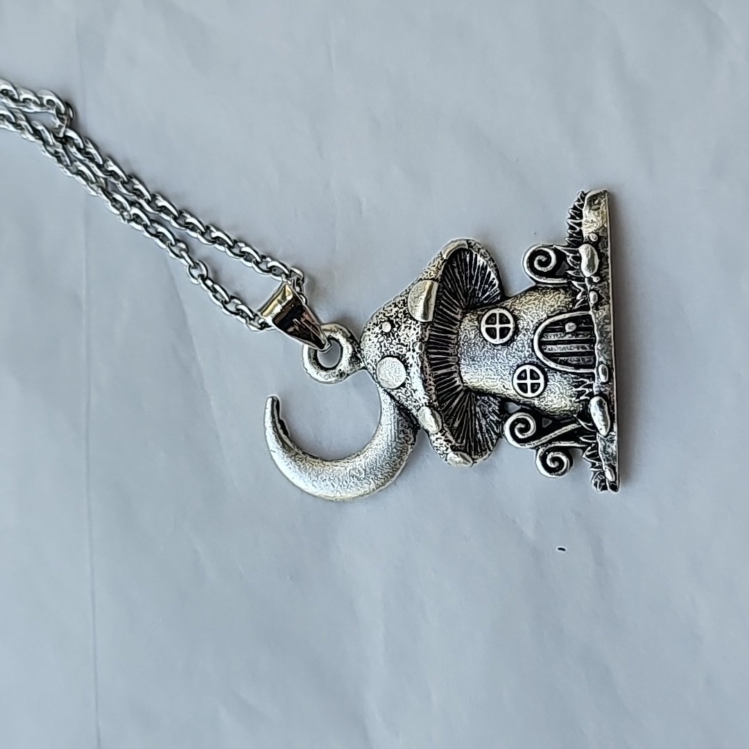 Mushrooms House Pendant With Moon. Base Metal Ajustable Chain